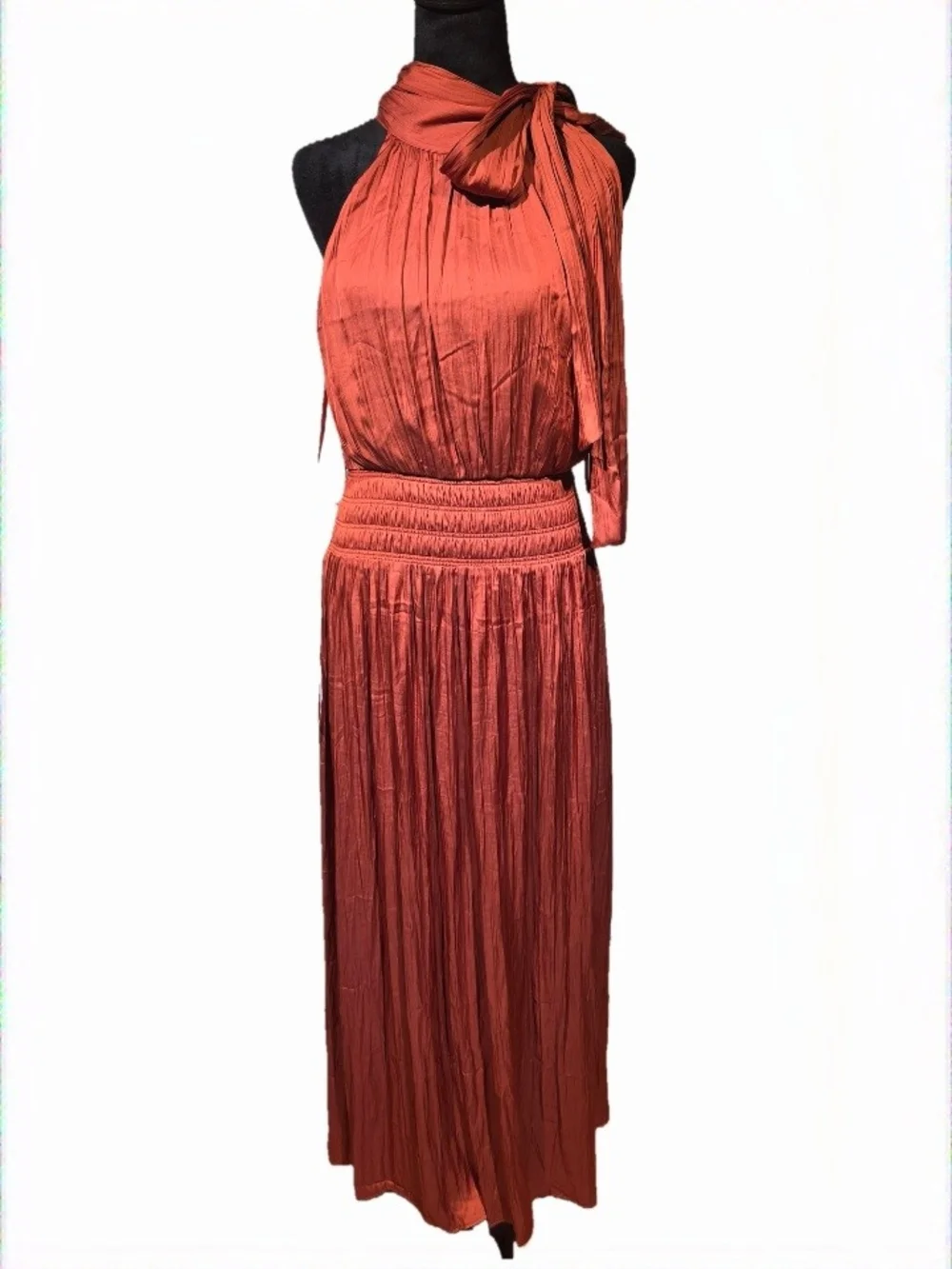 BCBGMaxAzria Tandori Spice Smocked Halter Maxi Dress With Bow Tie Neck Detail - Picture 3 of 9